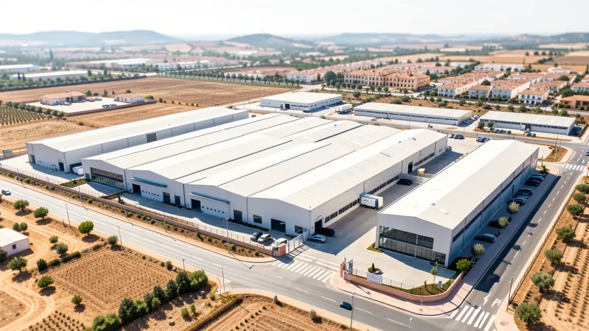 Vista aérea de un polígono industrial andaluz con naves modernas y accesos.