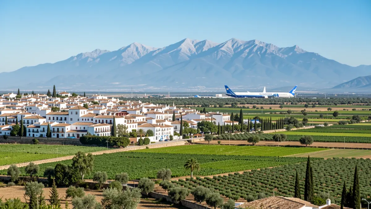 Vista panorámica de Chauchina, un municipio andaluz con casas blancas y campos verdes.
