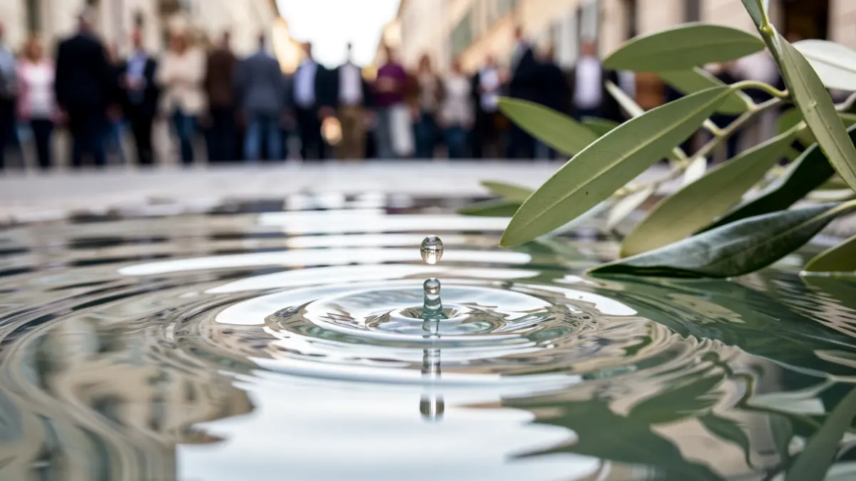 Gota de agua cayendo en un estanque con una hoja de olivo.