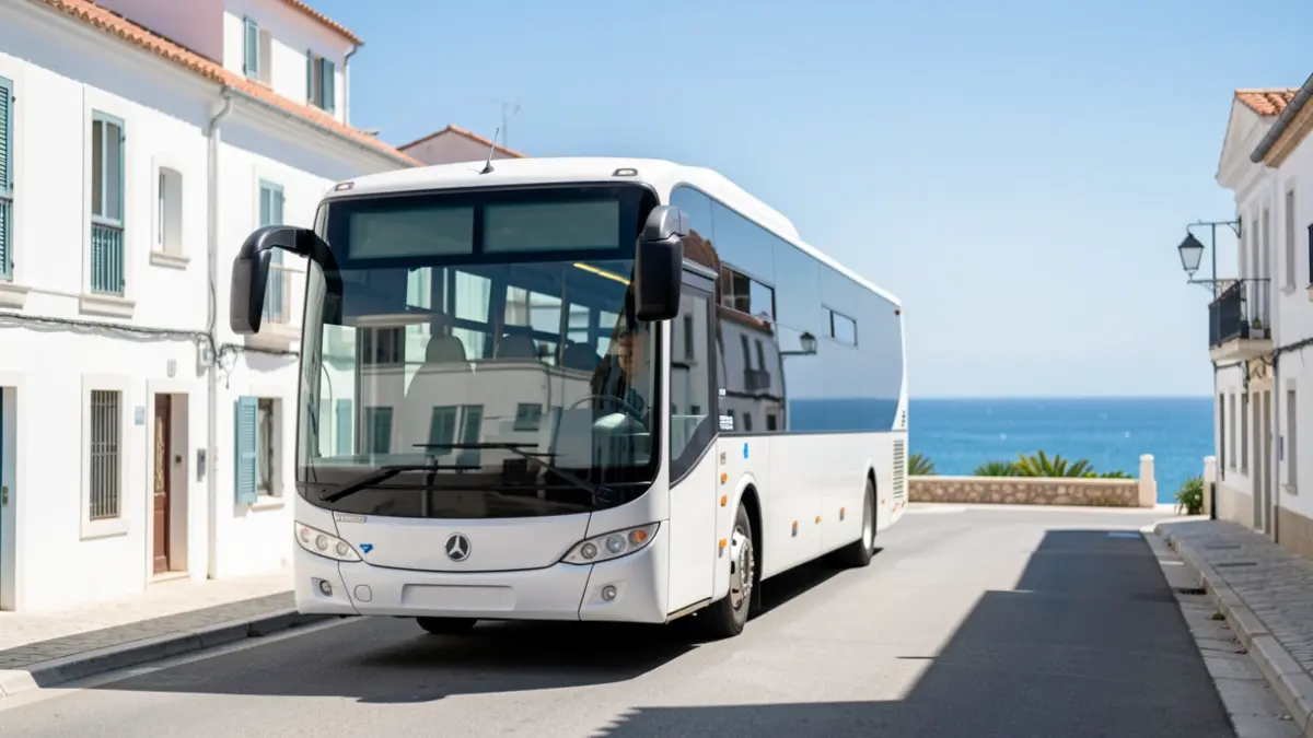 Image of a modern urban bus driving on a sunny street in Chipiona, with white buildings and the sea in the background.