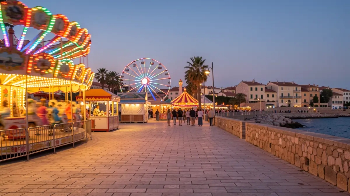 Generic image of an amusement park at dusk with lights on.