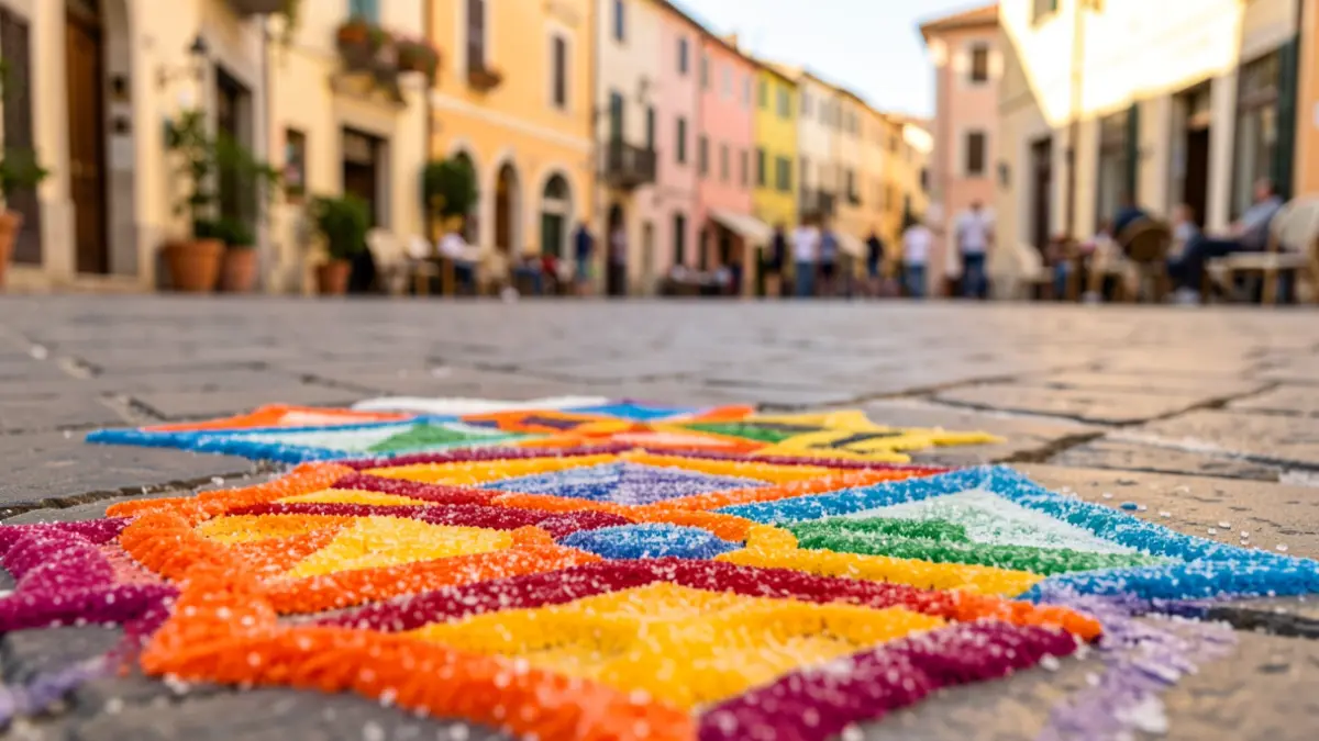 Detalle de las alfombras de sal coloreada en una plaza de Chipiona durante el Corpus Christi.