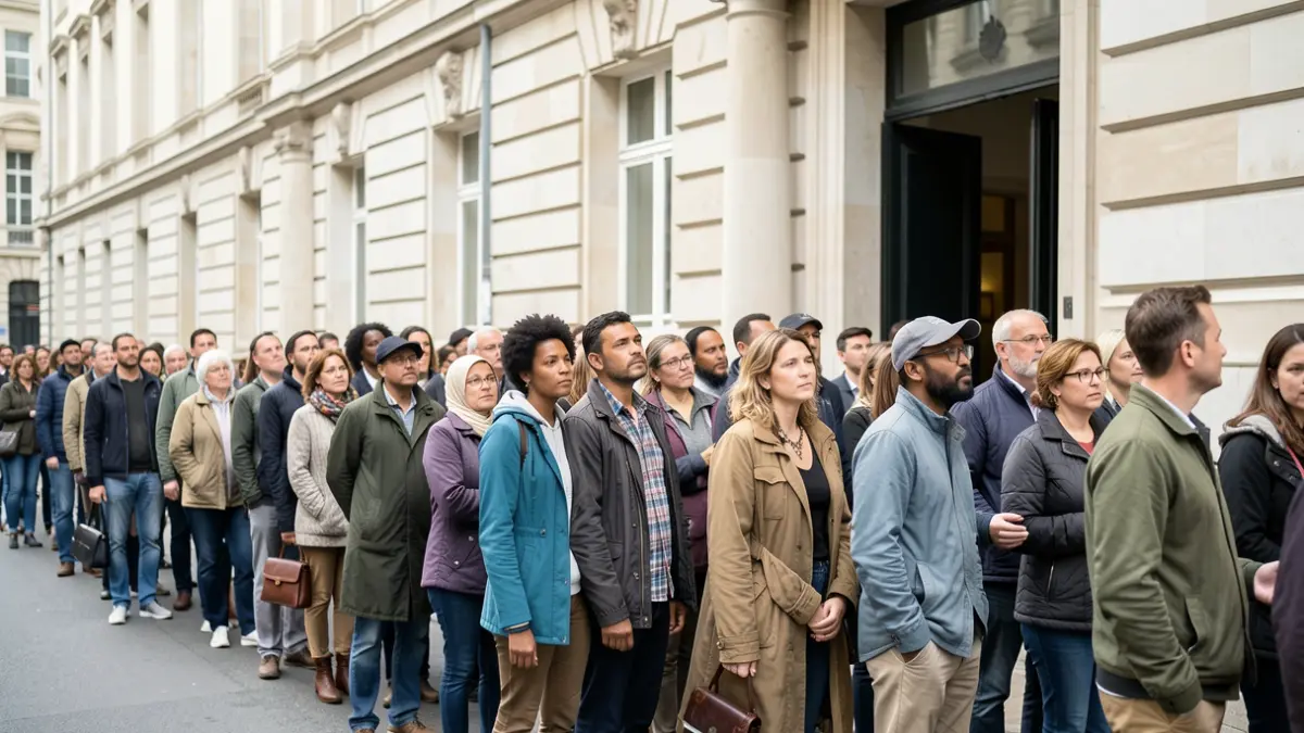 Imagen genérica de personas esperando en fila frente a un edificio oficial.