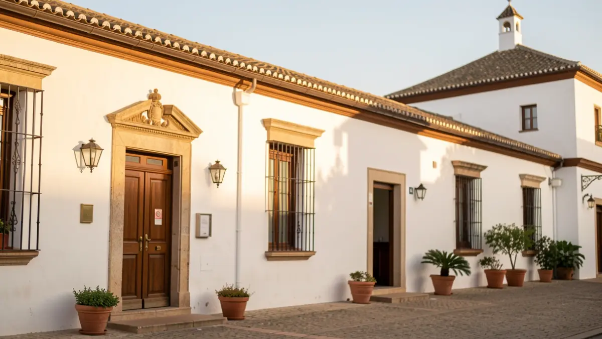 Fachada de un edificio histórico en Andalucía, adaptado para uso asistencial, bajo la luz del sol de la tarde.