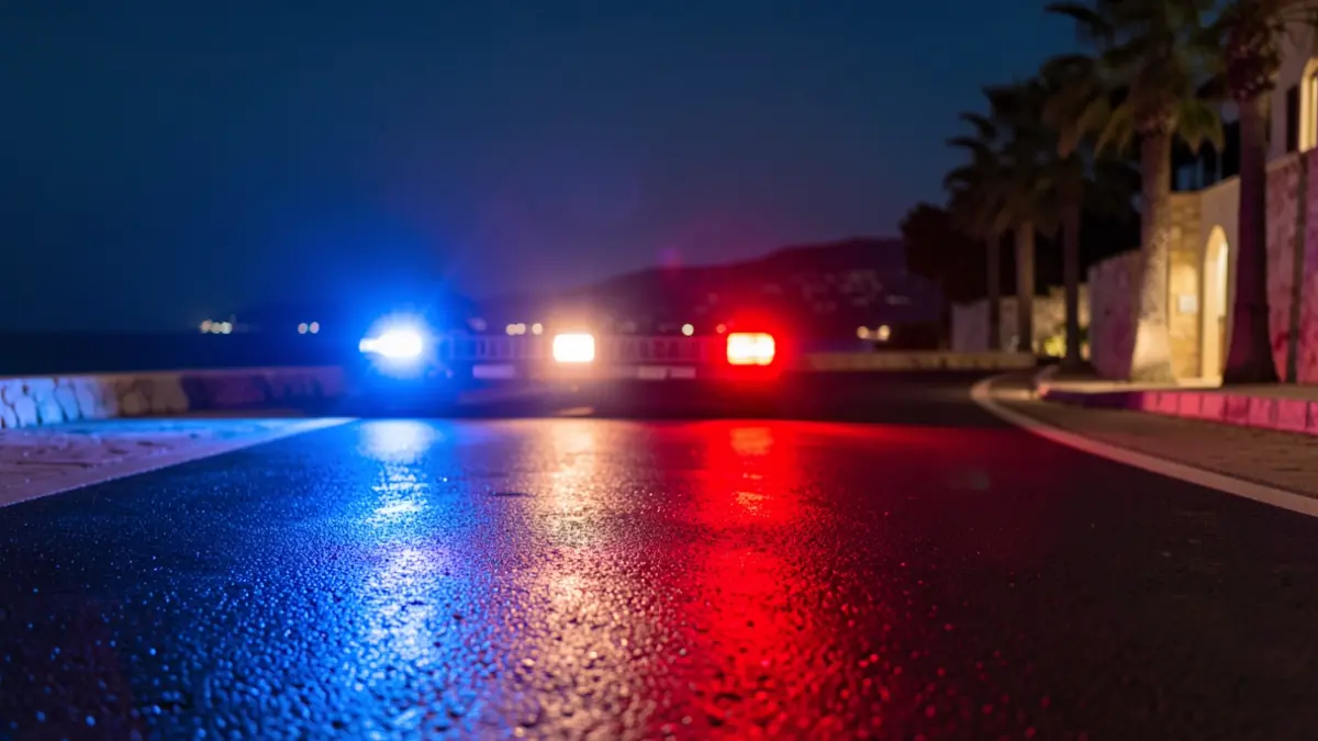 Generic image of police emergency lights reflecting on asphalt at night.