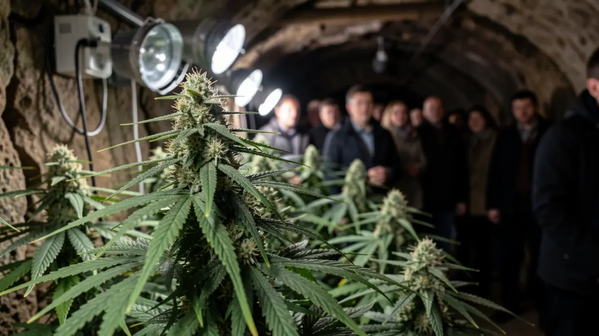 Close-up of cannabis plants in advanced flowering stage, with cultivation equipment in the background, inside a dark shed.