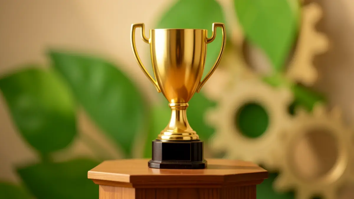 Close-up of a golden trophy on a wooden podium, with blurred abstract shapes of green leaves and gears in the background, symbolizing innovation and sustainability. Warm, soft lighting.