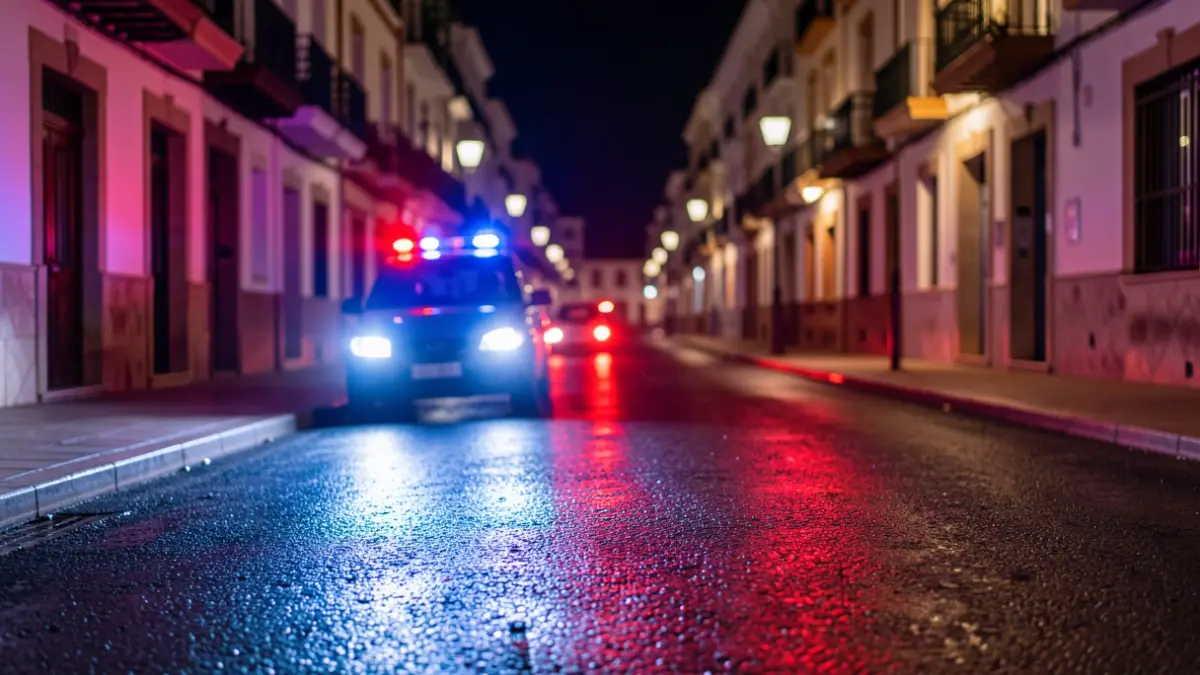 Generic image of emergency lights reflecting on wet asphalt at night.