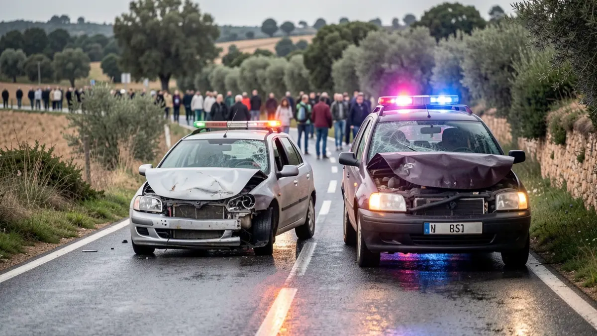 Imagen genérica de un accidente de tráfico en una carretera rural andaluza con luces de emergencia.