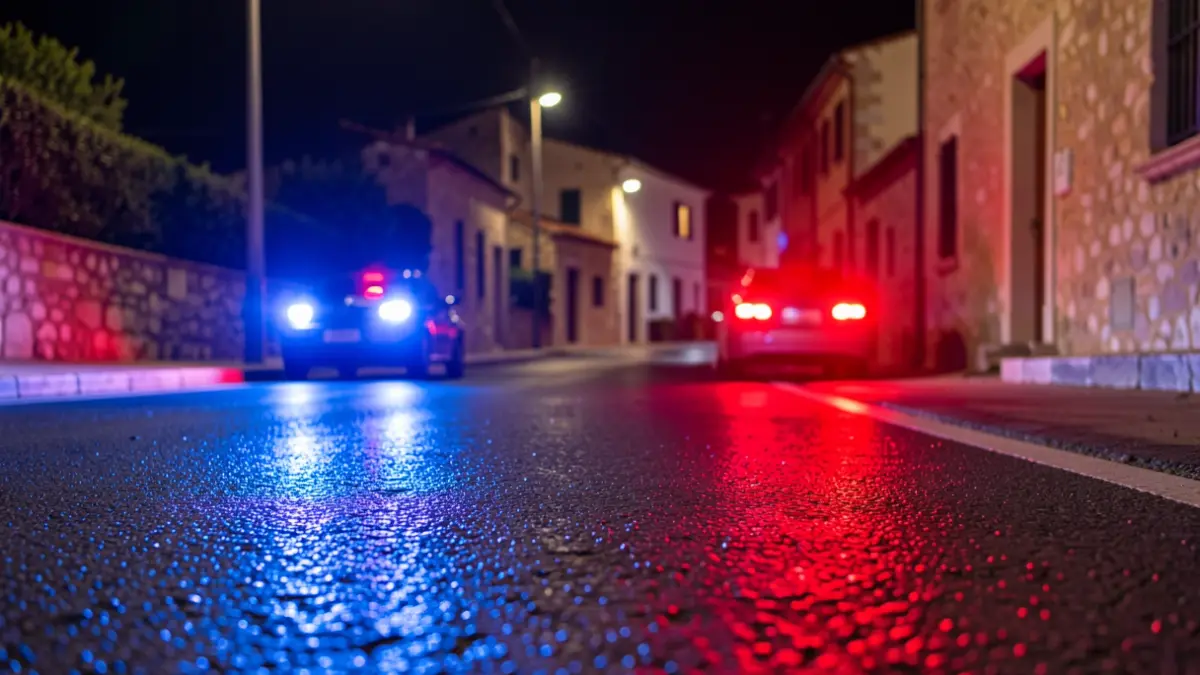 Imagen genérica de luces de emergencia reflejadas en el asfalto durante la noche.