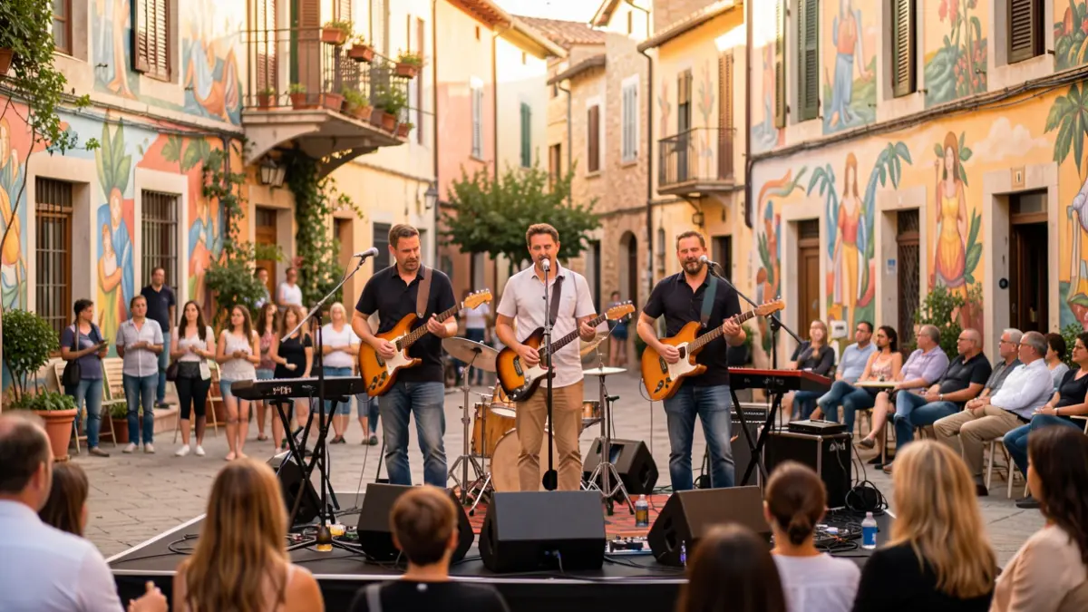 Imagen genérica de músicos actuando en una plaza de barrio con murales.