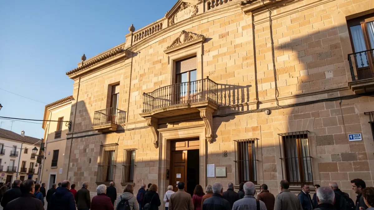 Imagen genérica de la fachada de un ayuntamiento andaluz con balcón y barandillas de hierro, bajo la luz del sol de la tarde.