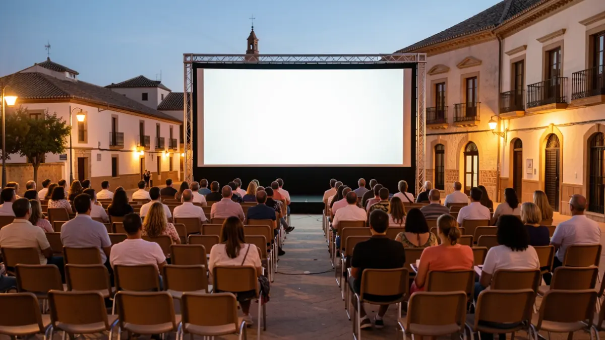 Image of a traditional open-air summer cinema in Andalusia at dusk, with empty chairs and Mediterranean architecture.
