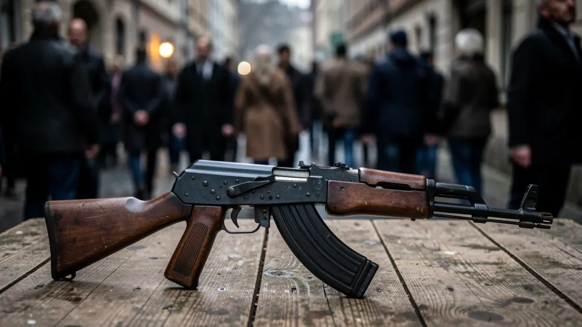 Close-up of an AK-47 submachine gun on a weathered wooden surface.