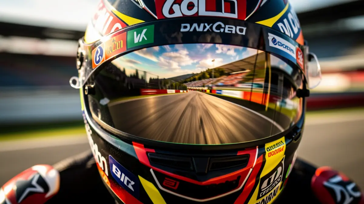 Primer plano de la visera de un casco de moto de competición reflejando una pista borrosa y logos de patrocinadores coloridos.