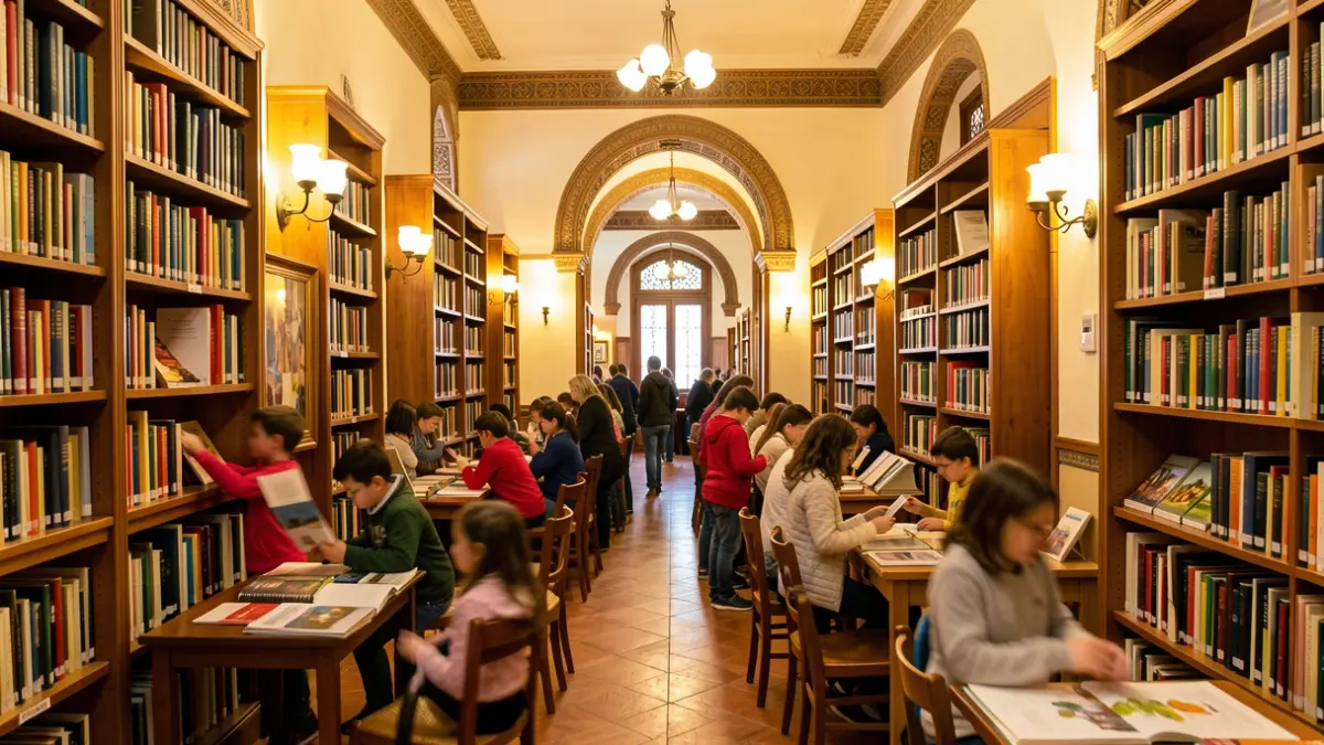 Generic image of the interior of an Andalusian public library with children participating in activities.