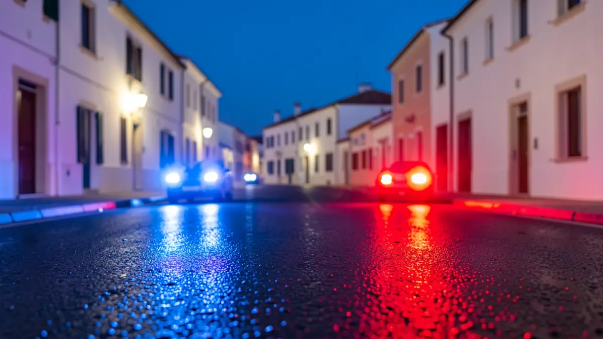 Generic image of police emergency lights reflecting on wet asphalt at night.