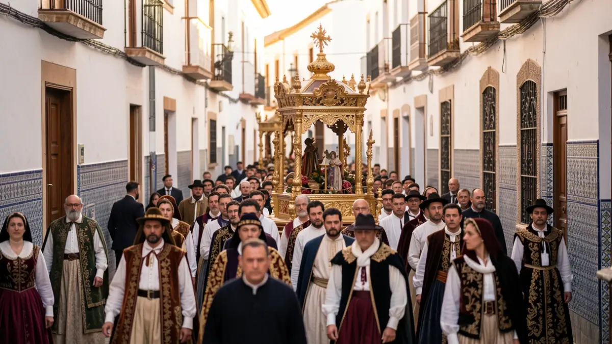Procession of brotherhoods in Córdoba with floats and participants in narrow streets.