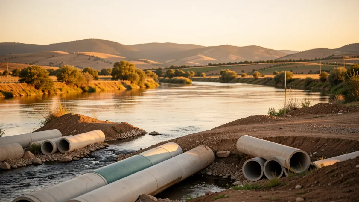Imagen de un paso provisional sobre el río Grande en Coín, con materiales de construcción y el paisaje andaluz al atardecer.