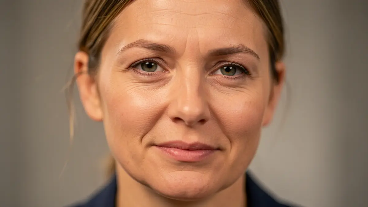 Close-up of a woman's face with an empathetic expression and slight facial asymmetry, in warm lighting with a blurred background.