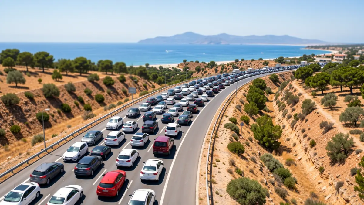 Aerial image of a kilometer-long traffic jam on the A7 in Malaga.