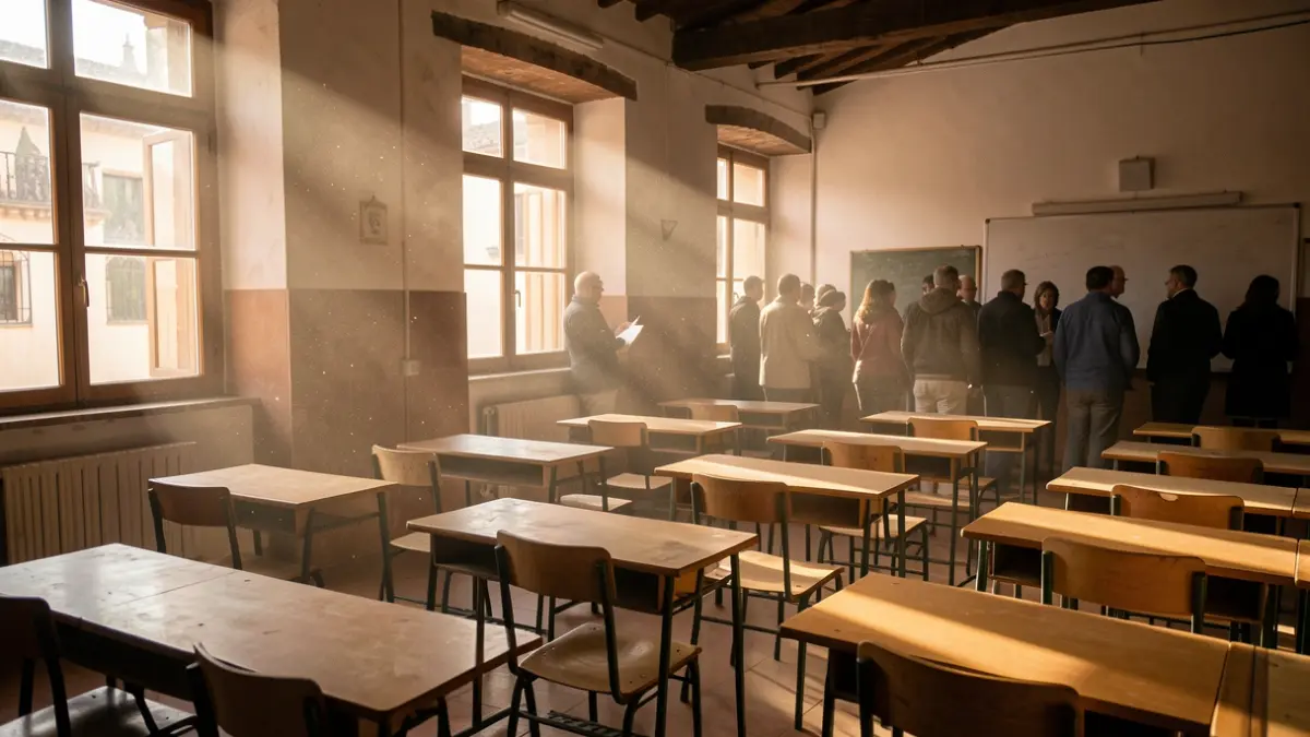 Imagen genérica de un aula andaluza vacía con luz solar intensa y sensación de calor.