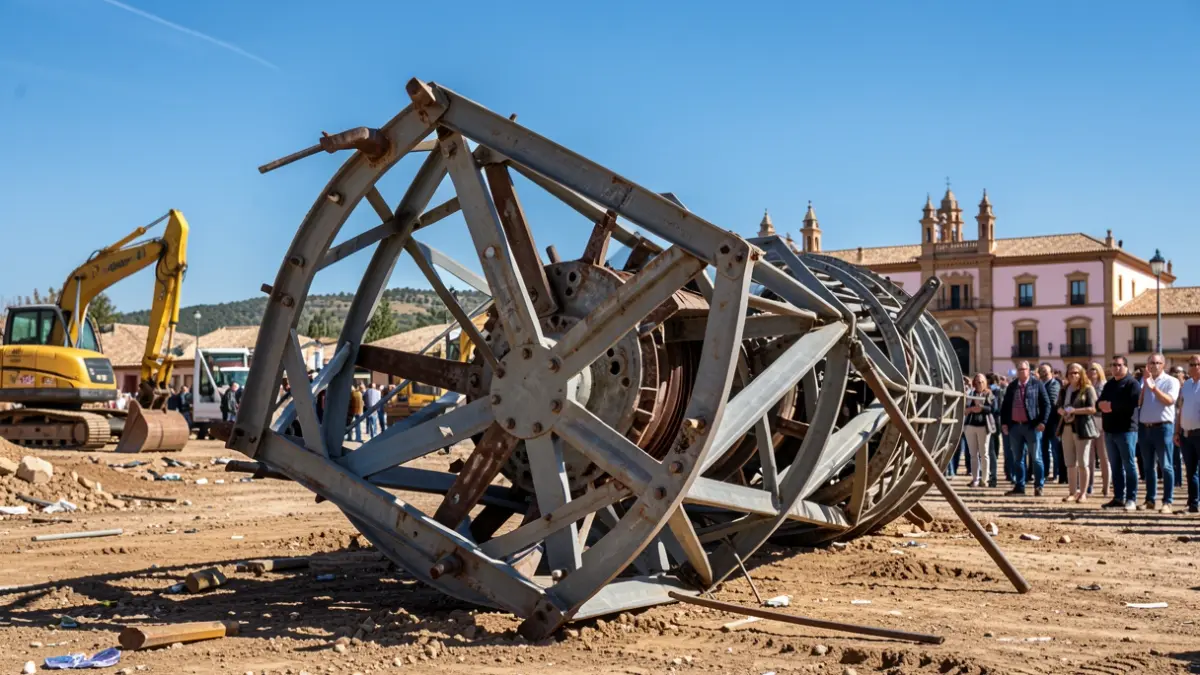 Image of a dismantled medium-voltage tower section on the ground, with construction equipment and Andalusian architecture in the background.