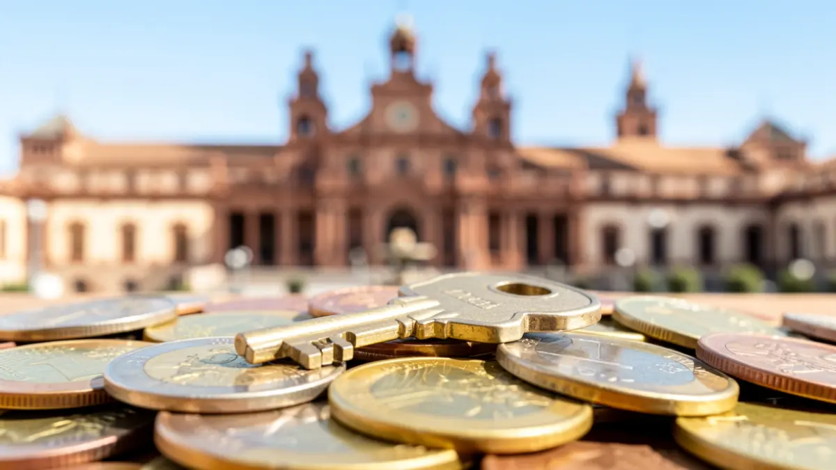 Llave de casa sobre euros con el perfil de Sevilla al fondo.