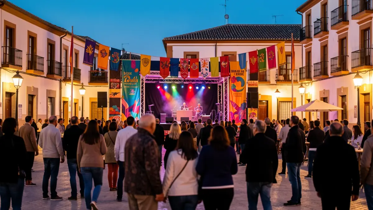 Escenario de concierto al aire libre en una plaza de Andalucía con público y luces cálidas.