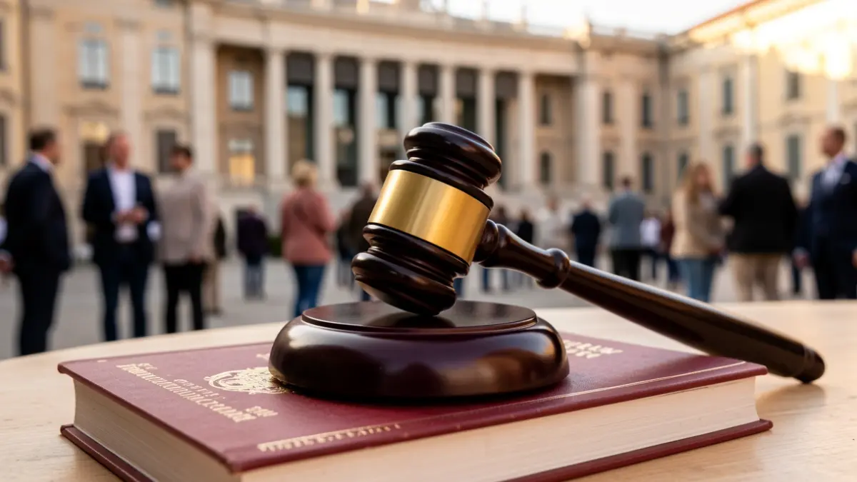Image of a judge's gavel on the 1812 Constitution and the Constitutional Court building.