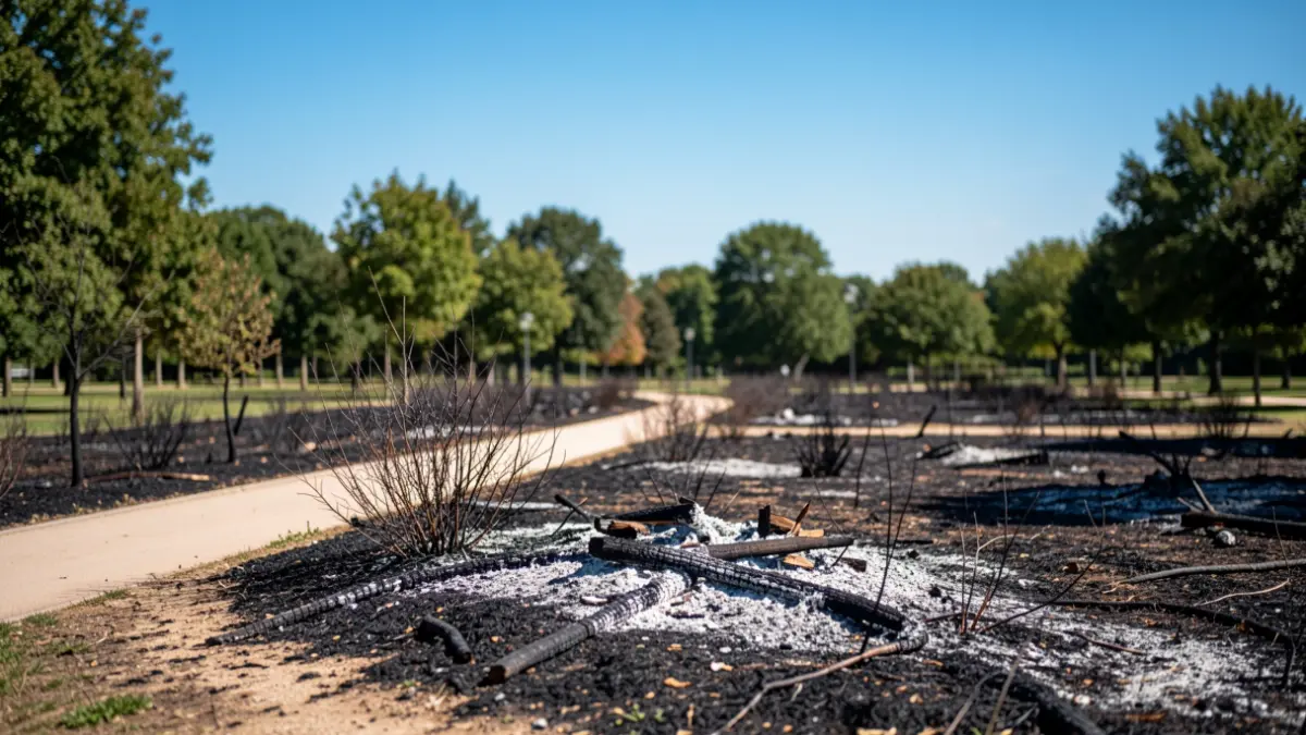 Imagen de la zona quemada en el Parque del Centenario tras el incendio.