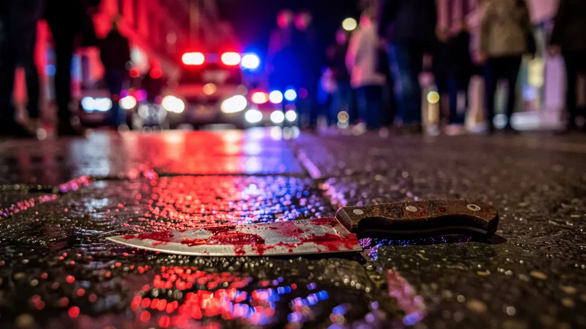 Generic image of a bloody knife on the ground with emergency lights.