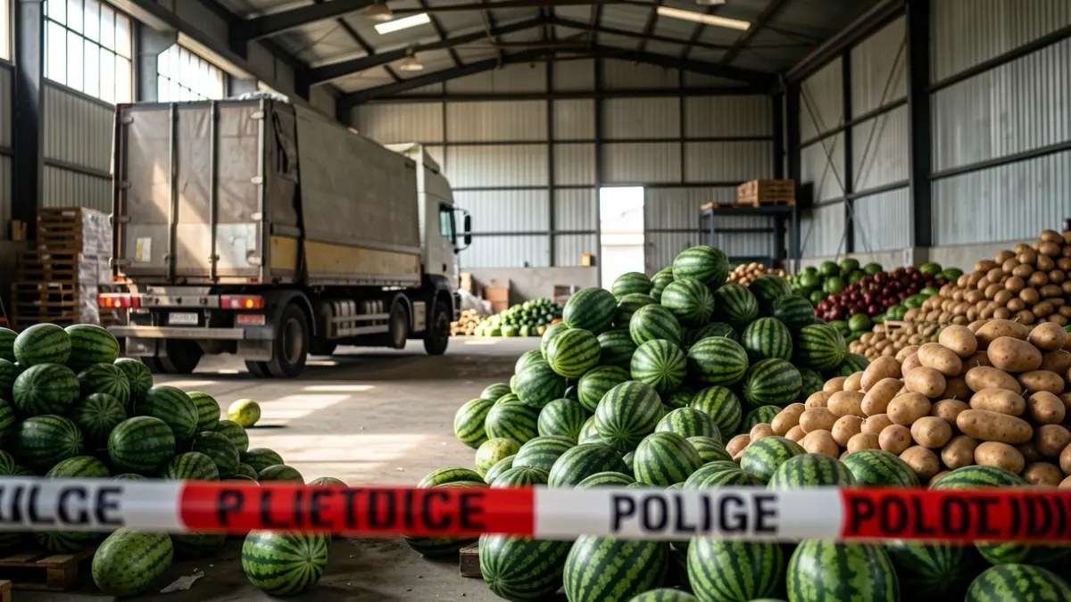 Image of a hashish shipment hidden among watermelons and fake potatoes in an industrial warehouse.