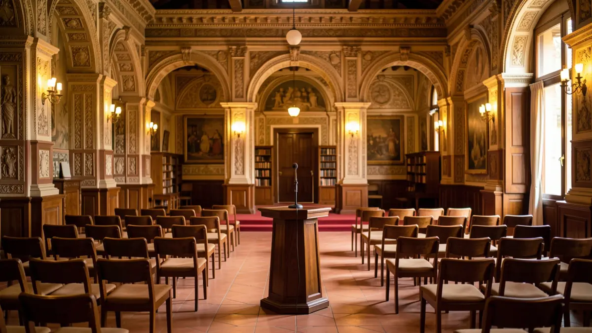 Imagen genérica del interior de un centro cultural histórico en Andalucía con un atril y sillas vacías.