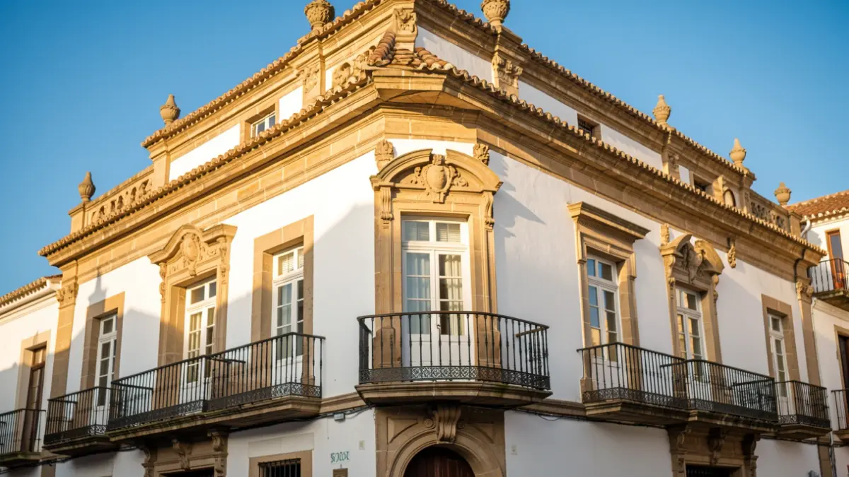 Facade of a historic Andalusian town hall with ornate balconies and white walls, under the afternoon sun.