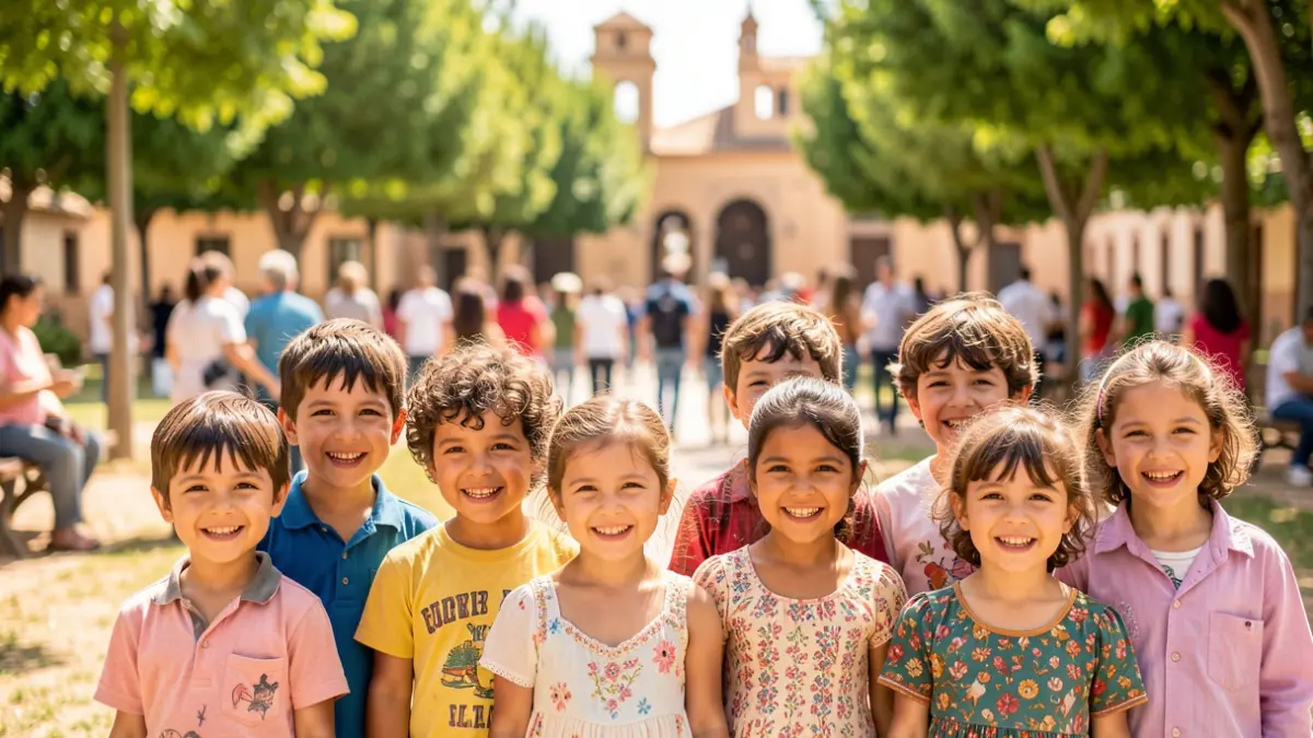 Sahrawi children smiling in a park in Almería during the 'Vacaciones en Paz' program.