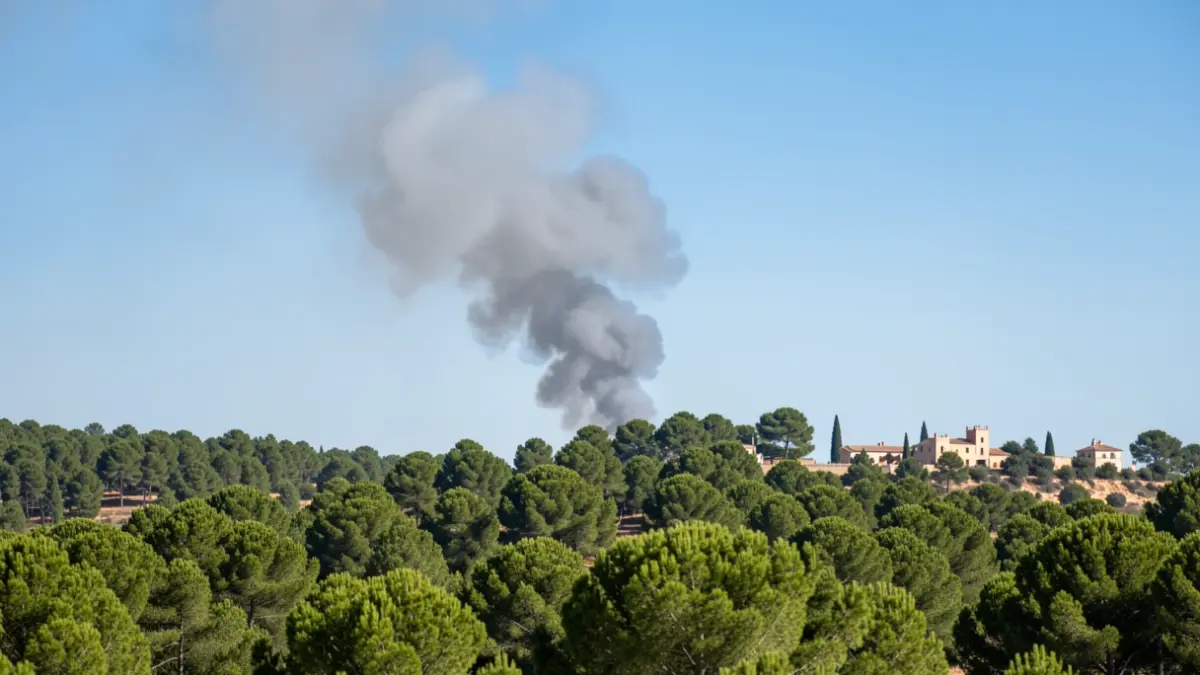 Image of a column of smoke rising over a pine forest hillside in Andalusia.