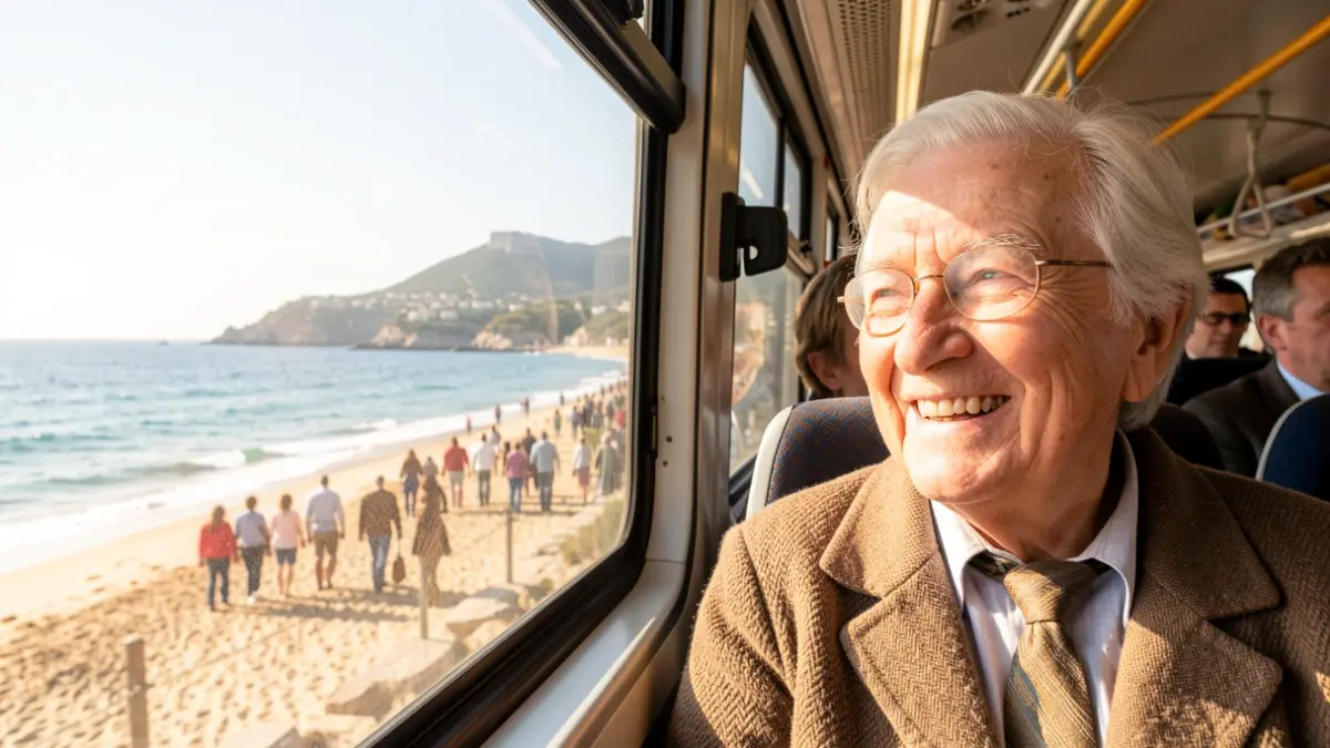 Elderly people smiling looking out of a bus window towards a sunny beach.
