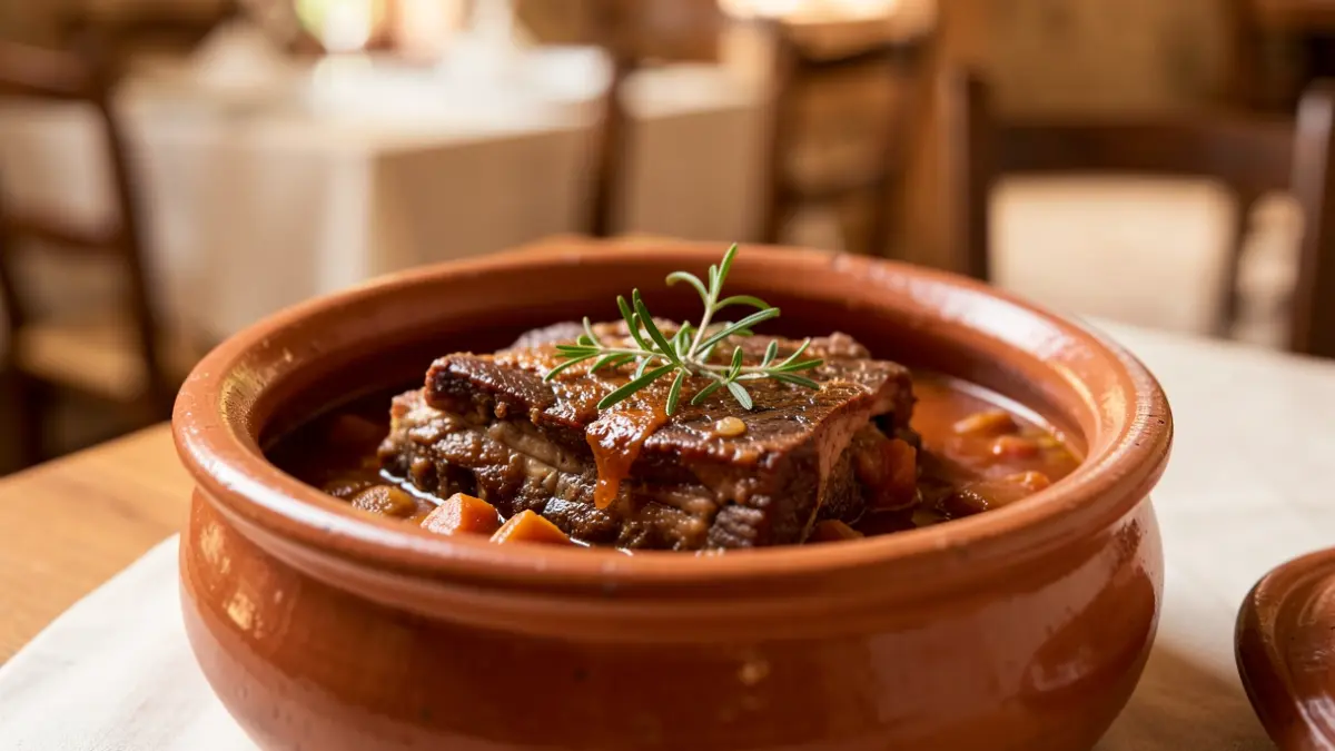 Plato de rabo de toro cordobés servido en una cazuela de barro.