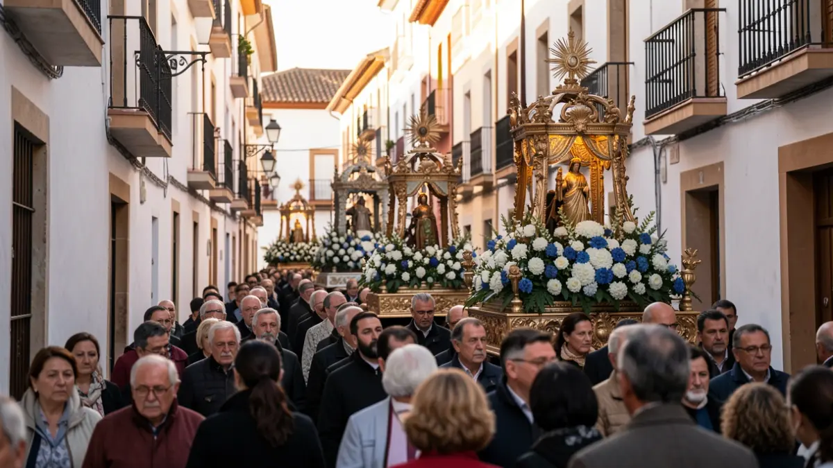 Solemn religious procession in a Córdoba street with decorated floats and traditional architecture.