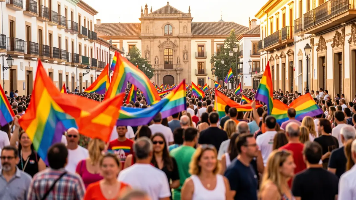 Generic image of an LGTBIQ+ Pride march in an Andalusian square.