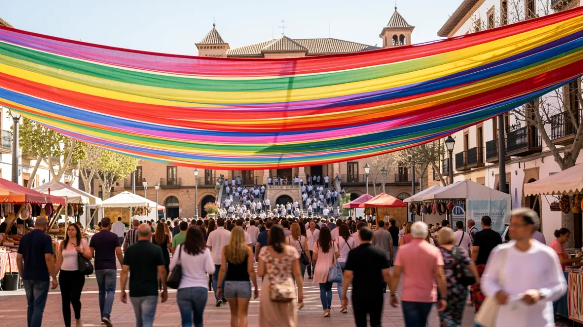 Generic image of awnings providing shade in a plaza during a festival.