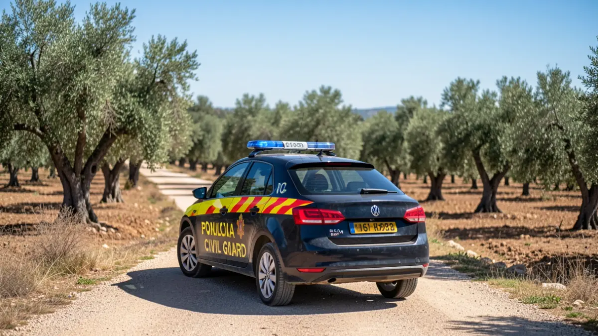 Imagen genérica de un coche patrulla de la Guardia Civil en un camino rural andaluz.
