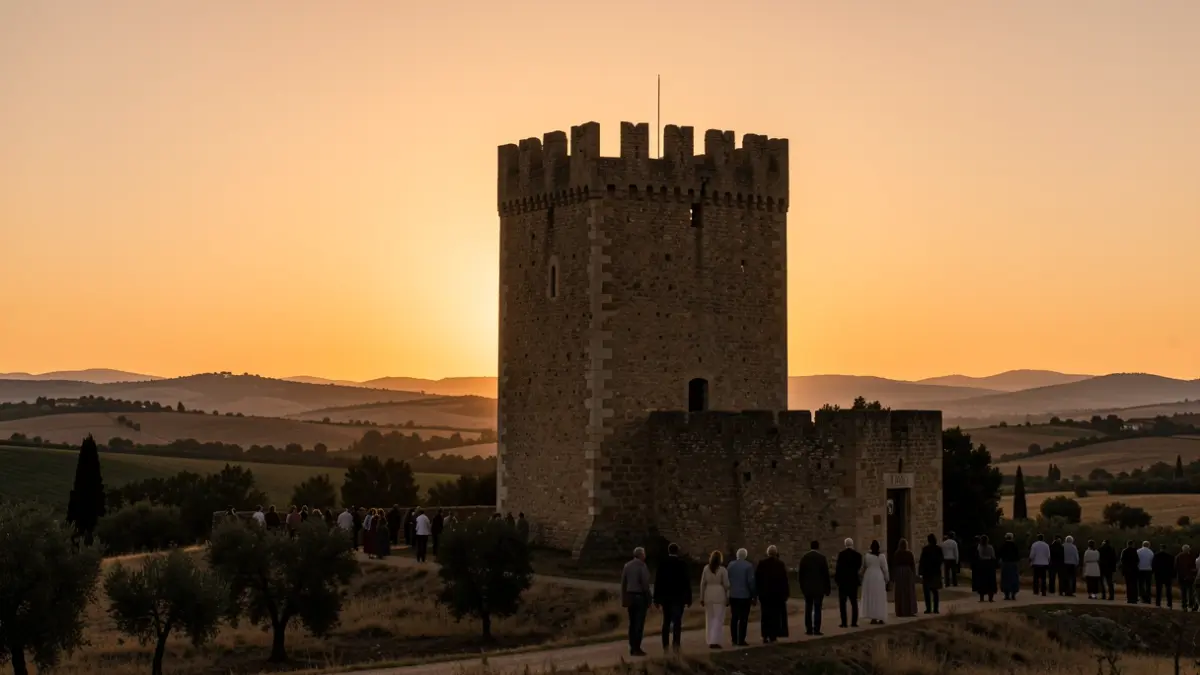 Generic image of a medieval castle tower in the Andalusian landscape at sunset.