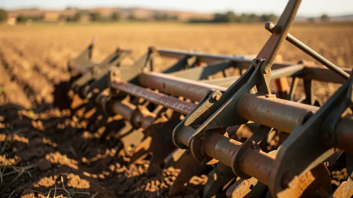 Close-up of agricultural machinery in an Andalusian field with warm light.