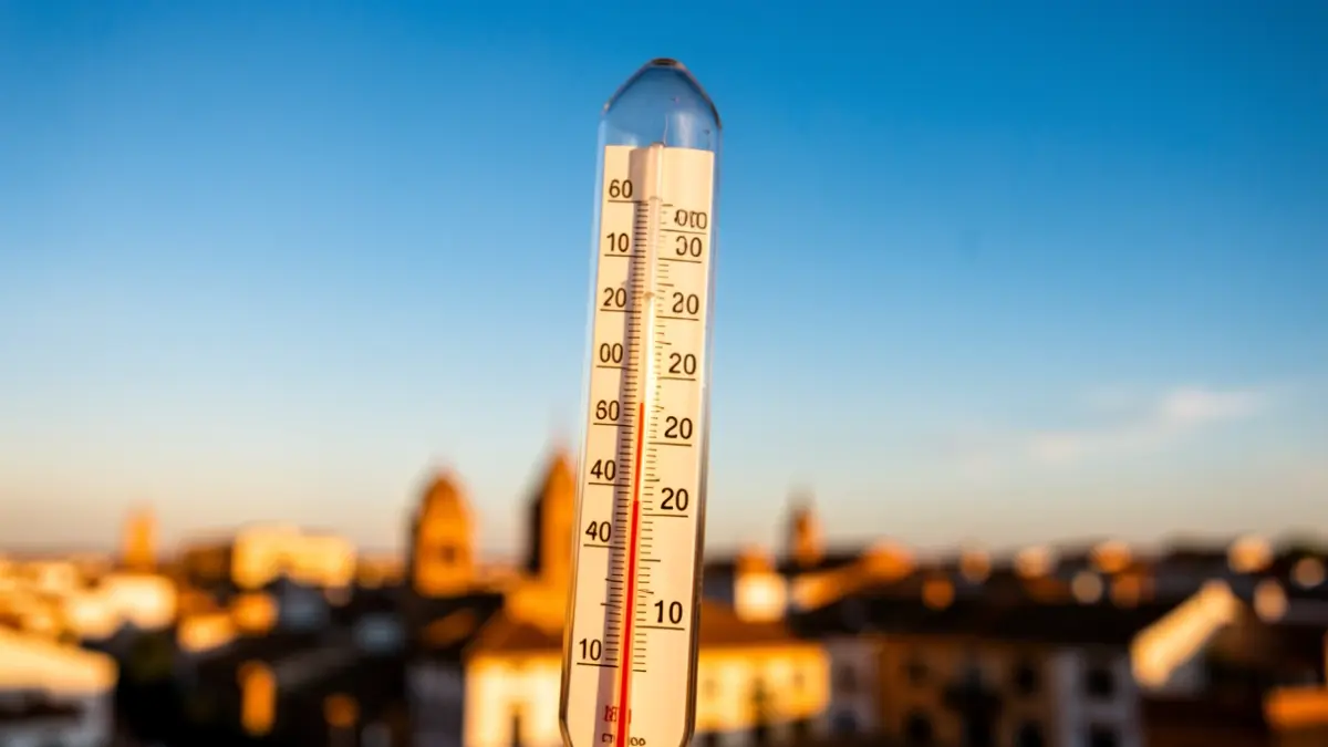 Termómetro marcando alta temperatura con cielo despejado y silueta de ciudad andaluza al fondo.