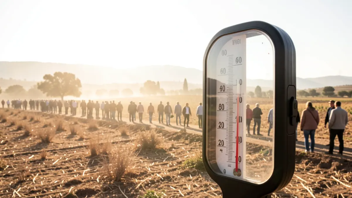 Thermometer showing over 45 degrees in a dry, sunny Andalusian landscape.