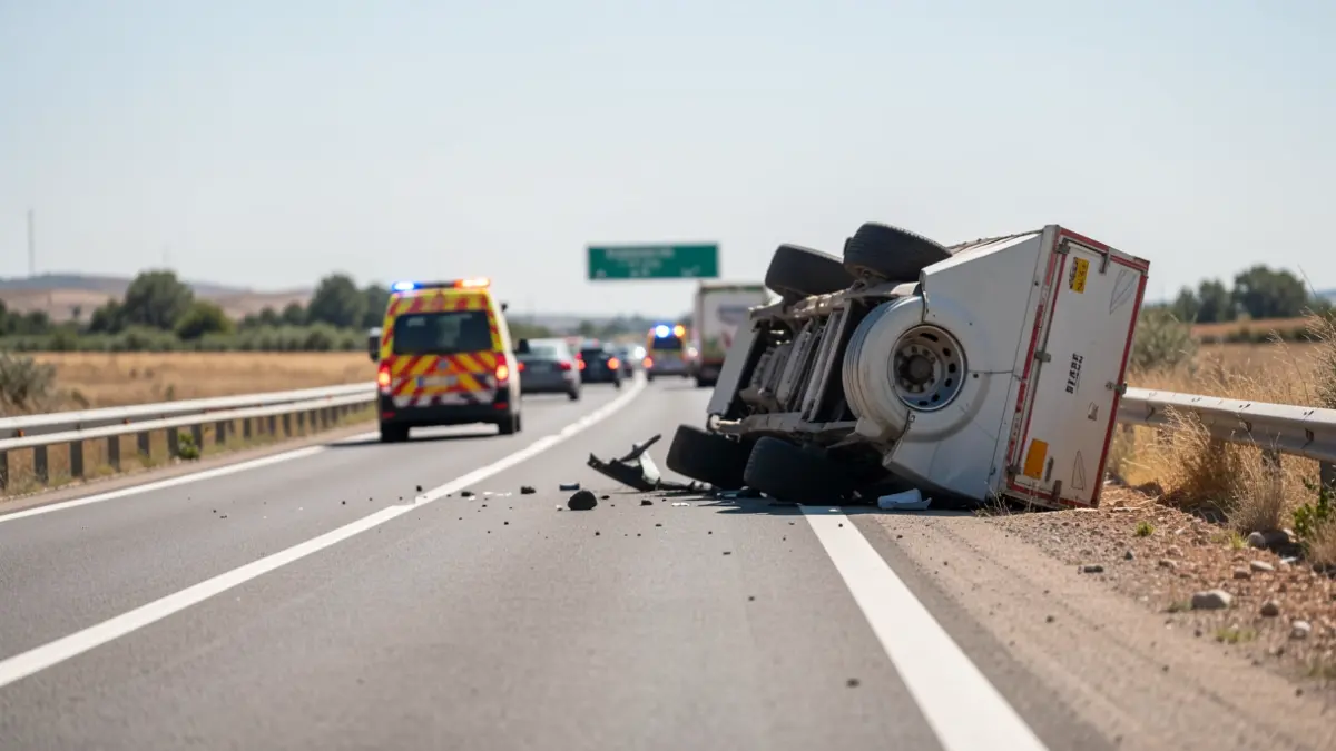 Image of an overturned truck trailer on the A-312 highway in Navas de San Juan, Jaén, with emergency lights.