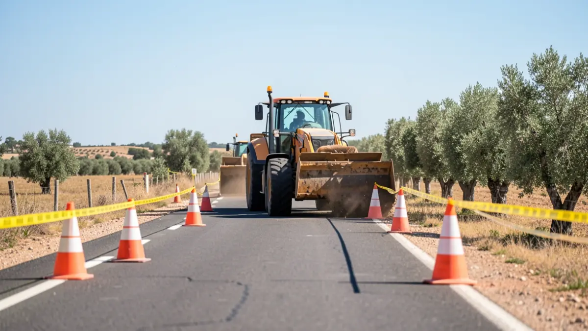 Imagen genérica de obras en una carretera andaluza con maquinaria pesada.