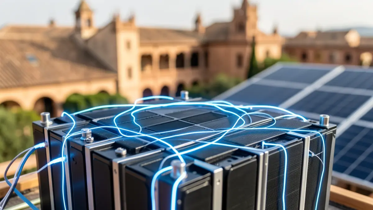 Imagen de una pila de celdas de combustible de hidrógeno con líneas de energía azul brillante, sobre un fondo de arquitectura andaluza y paneles solares.